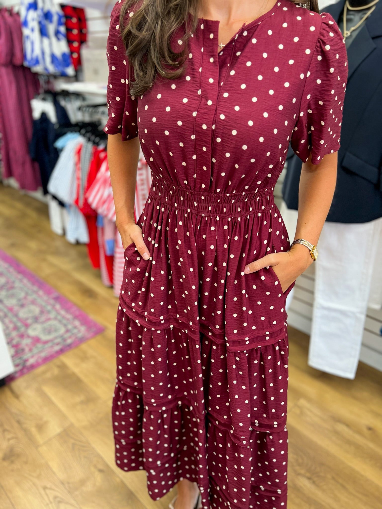 Wine Polka Dot V-Neck Tiered Maxi Dress - A'Bekah's Boutique