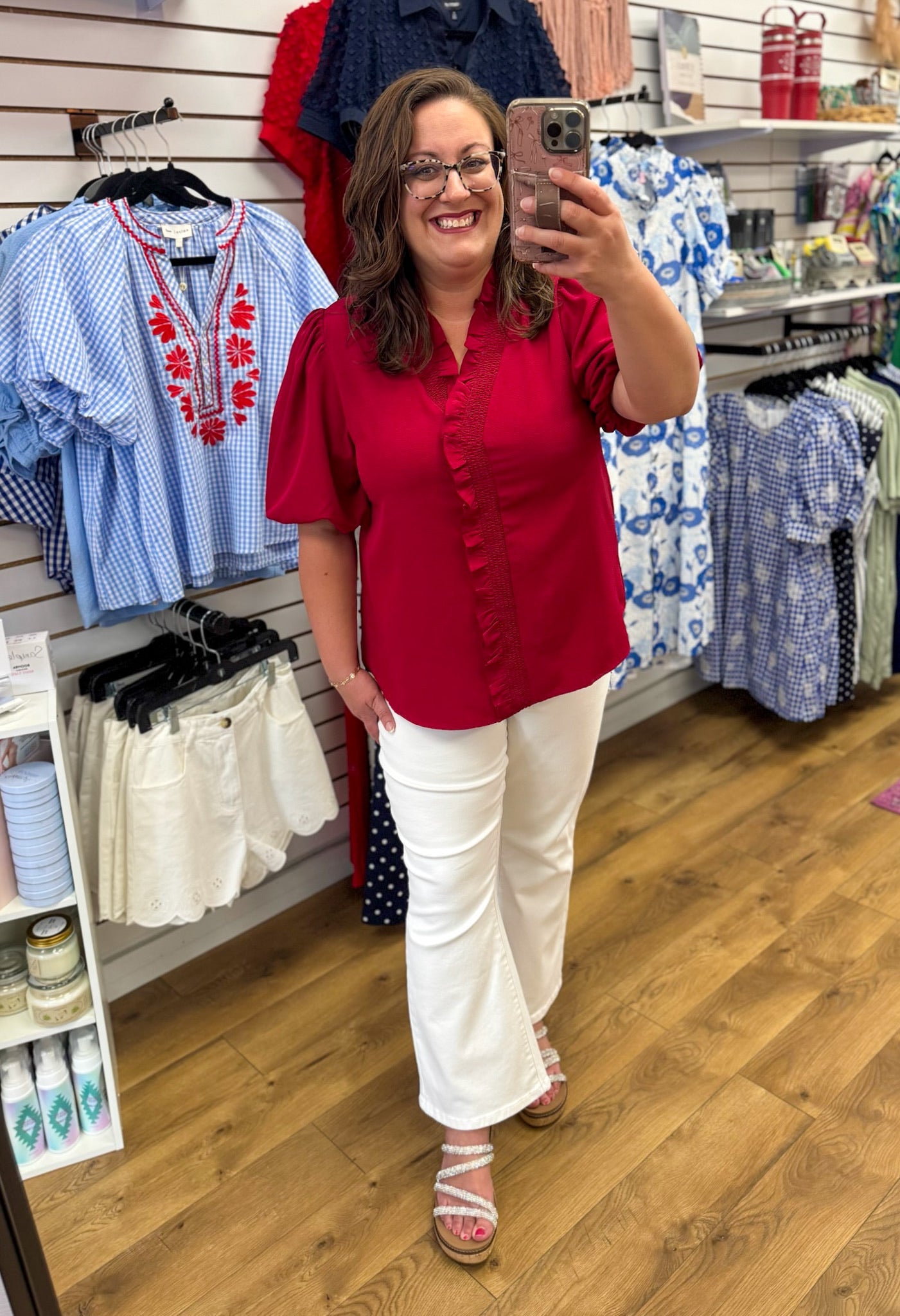 Wine Red V-Neck Ruffle Trim Top with Short Puff Sleeves - A'Bekah's Boutique