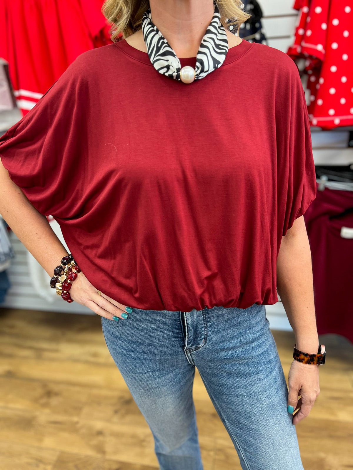 Wine Short Sleeve Top with Bubble Sleeves and Hem - A'Bekah's Boutique