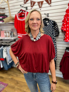 Wine Short Sleeve Top with Bubble Sleeves and Hem - A'Bekah's Boutique