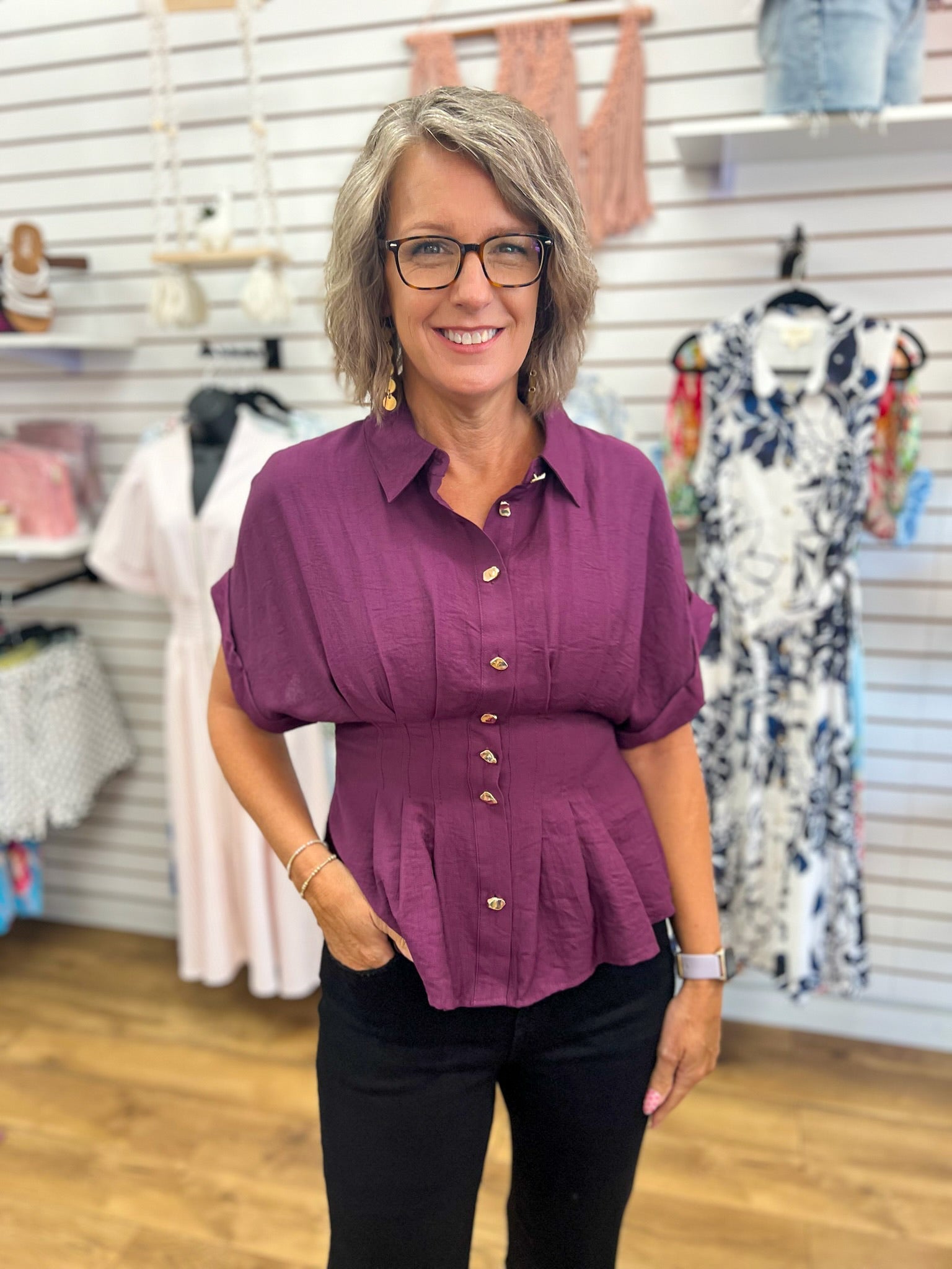 Wine Top with Gold Button Up Detailing and Pintuck Waist - A'Bekah's Boutique