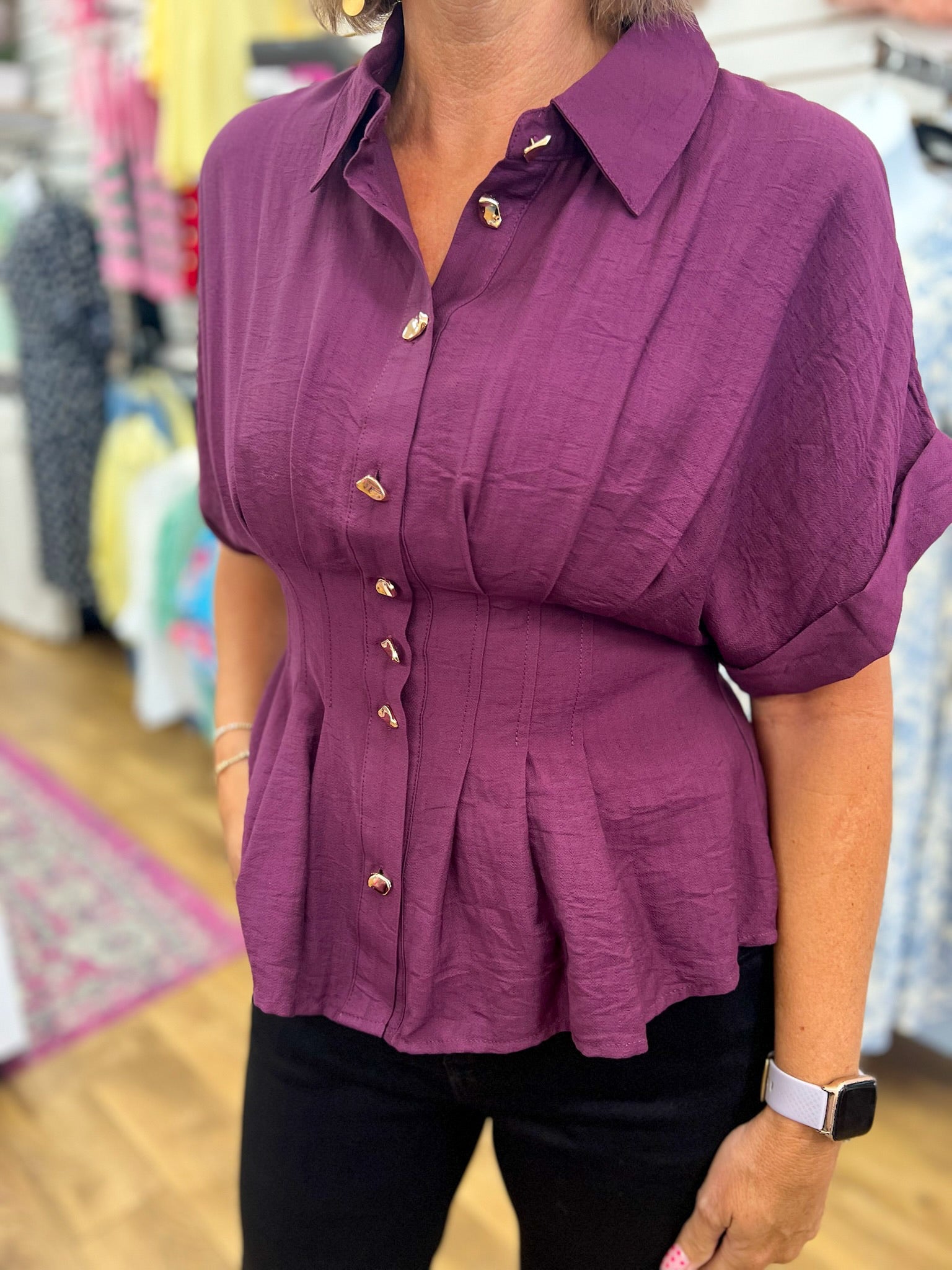 Wine Top with Gold Button Up Detailing and Pintuck Waist - A'Bekah's Boutique