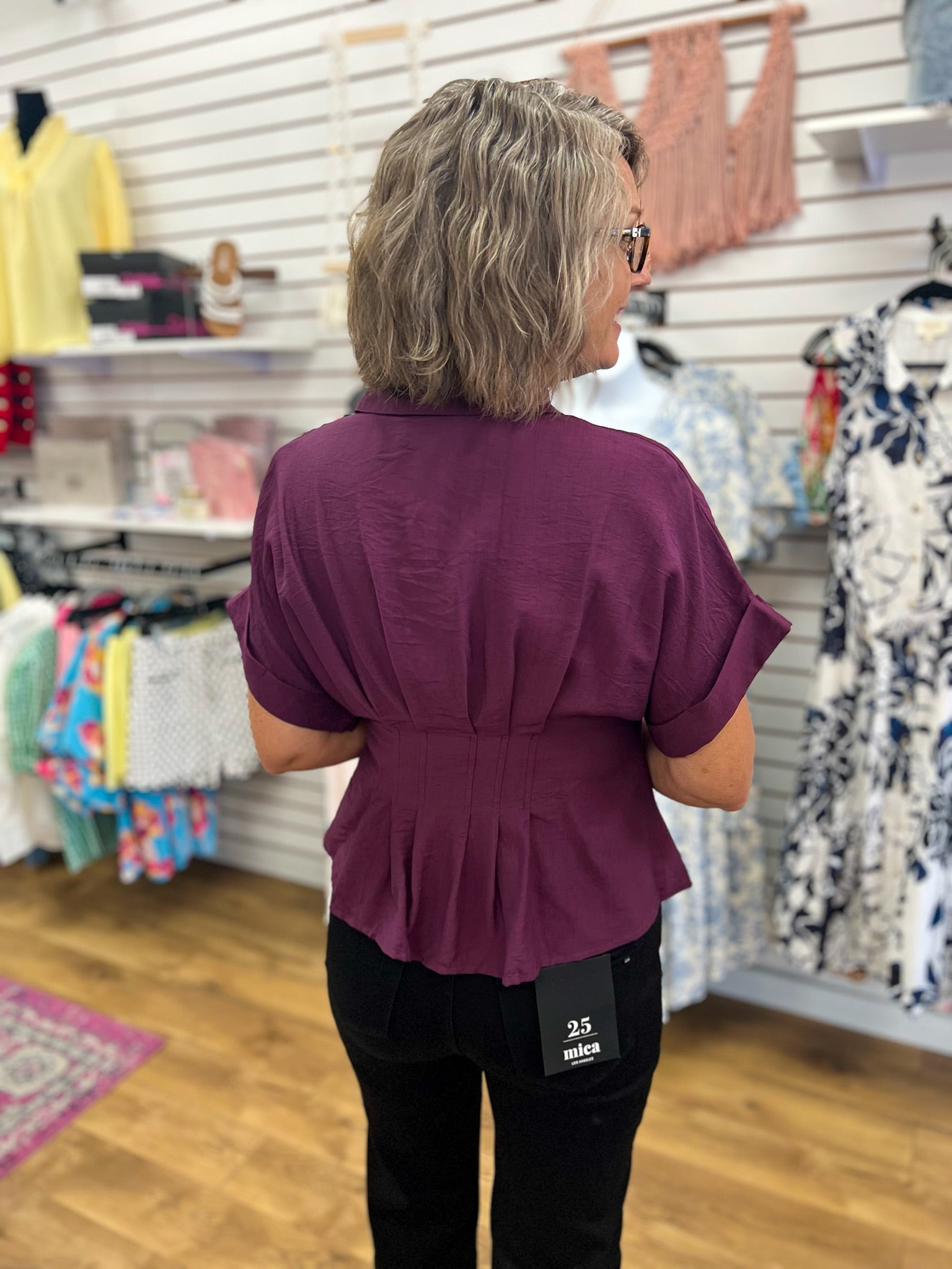 Wine Top with Gold Button Up Detailing and Pintuck Waist - A'Bekah's Boutique