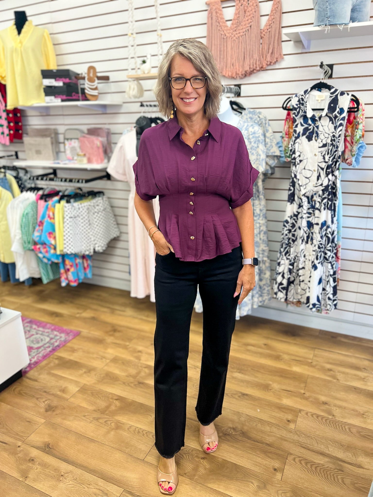 Wine Top with Gold Button Up Detailing and Pintuck Waist - A'Bekah's Boutique