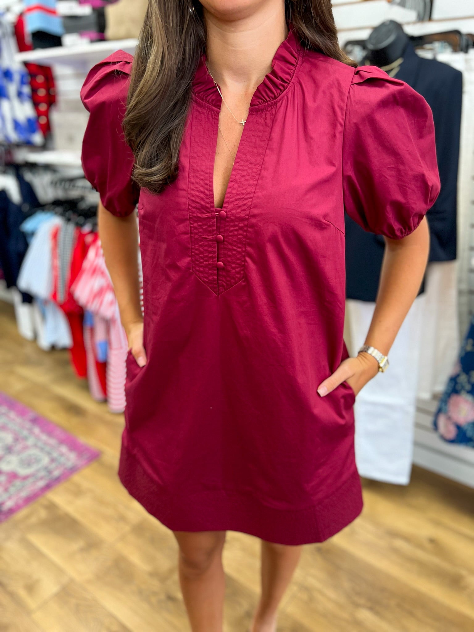 Wine V-Neck Dress with Short Puff Sleeves - A'Bekah's Boutique