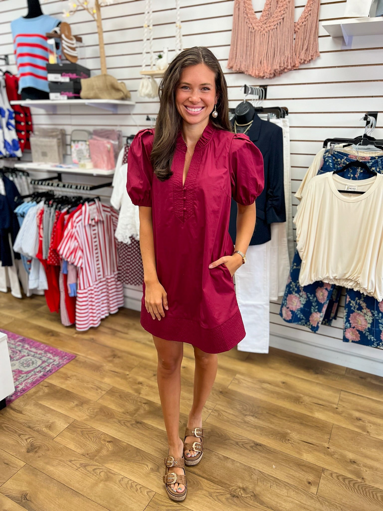 Wine V-Neck Dress with Short Puff Sleeves - A'Bekah's Boutique