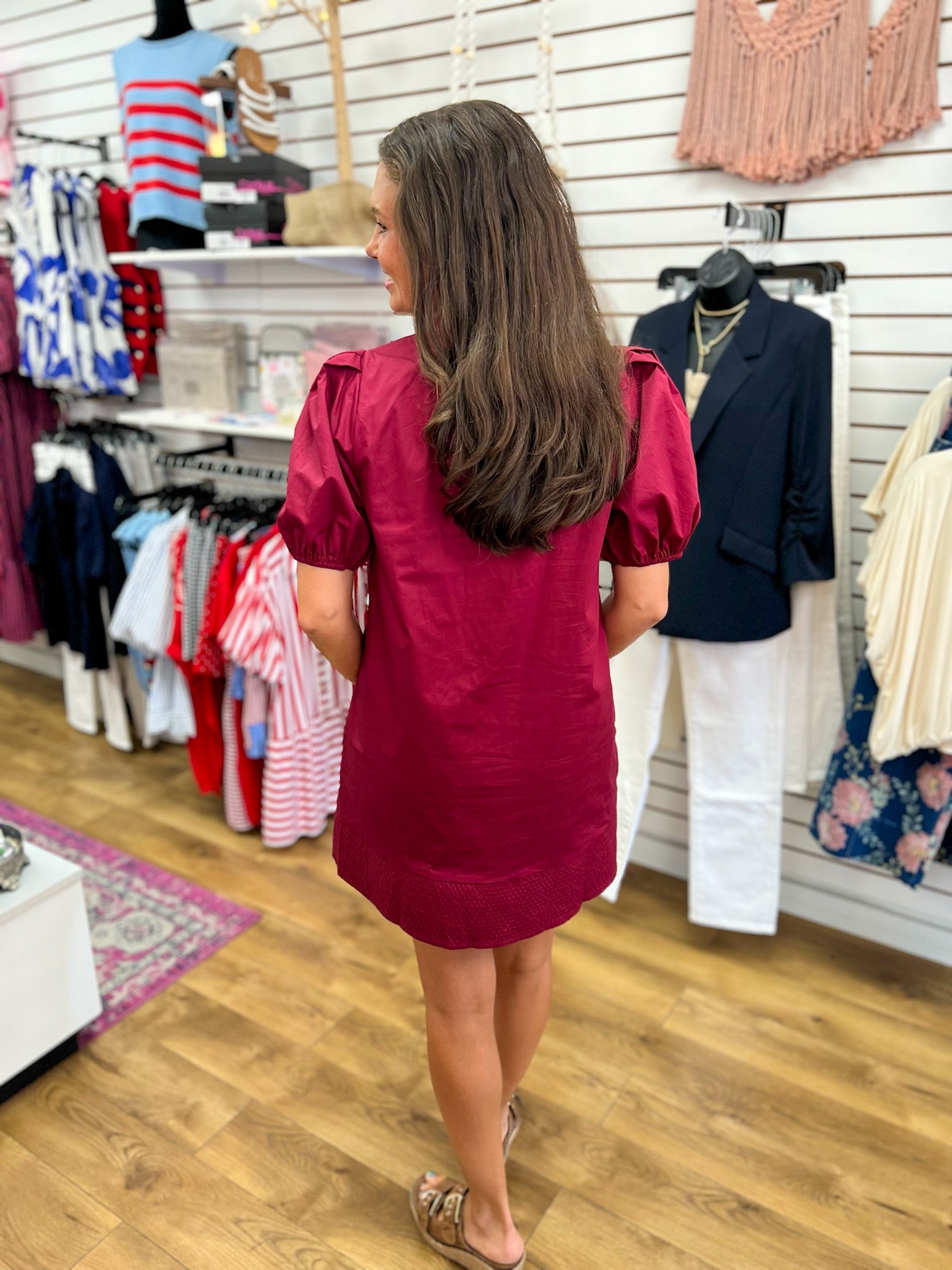 Wine V-Neck Dress with Short Puff Sleeves - A'Bekah's Boutique