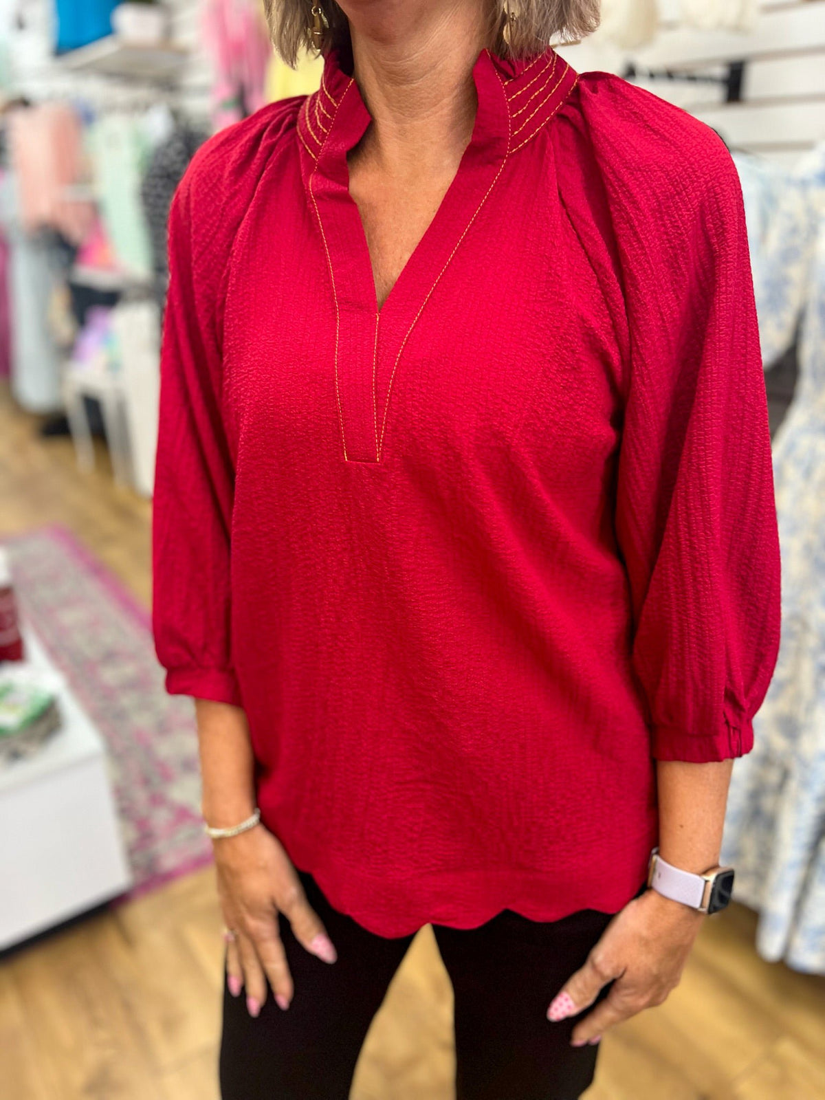 Wine V-Neck Top with 3/4 Balloon Sleeves - A'Bekah's Boutique