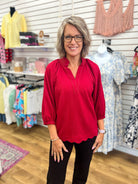 Wine V-Neck Top with 3/4 Balloon Sleeves - A'Bekah's Boutique