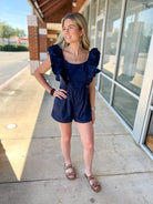 Winning Season Navy Ruffle Sleeve Romper - A'Bekah's Boutique