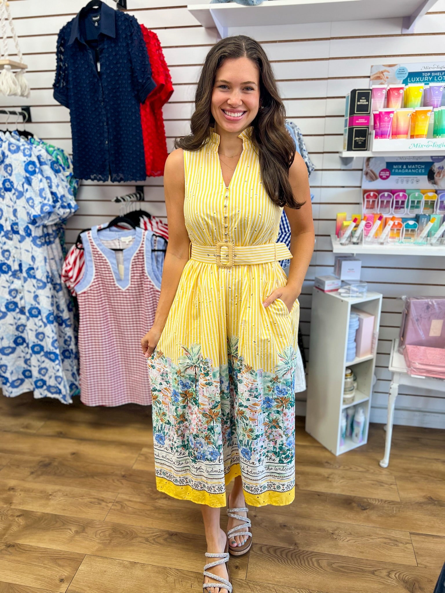 Yellow Striped Sleeveless Midi Dress with Border Print and Belt - A'Bekah's Boutique