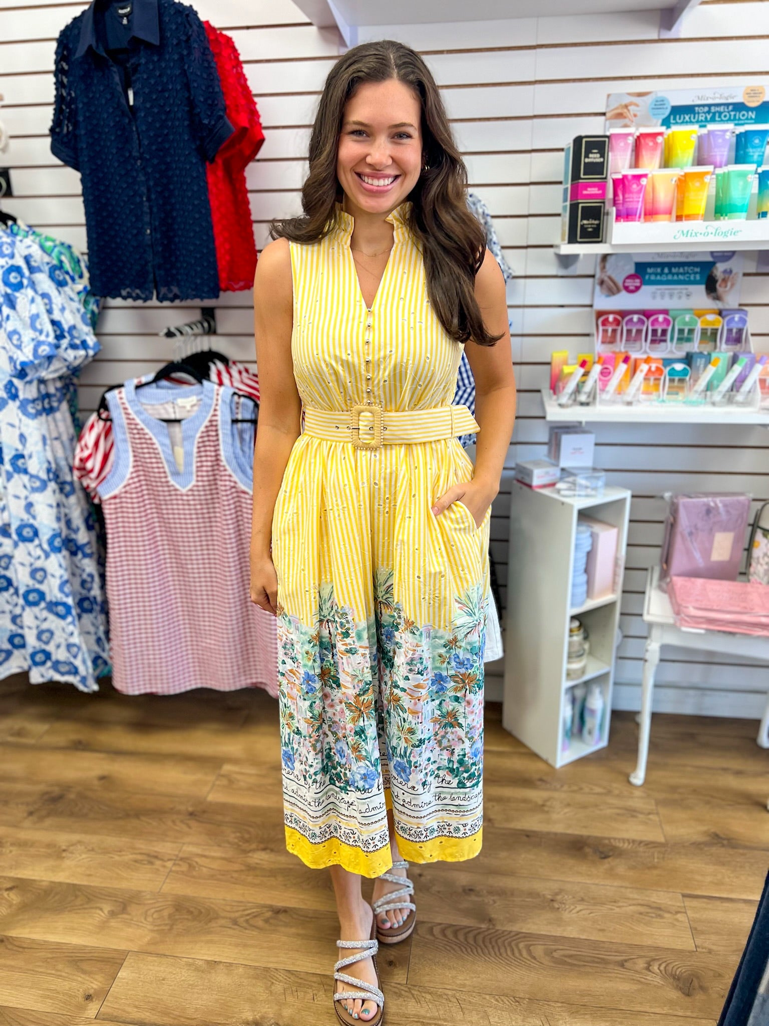 Yellow Striped Sleeveless Midi Dress with Border Print and Belt - A'Bekah's Boutique