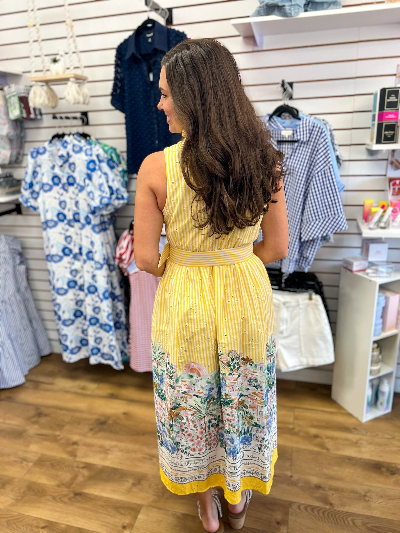 Yellow Striped Sleeveless Midi Dress with Border Print and Belt - A'Bekah's Boutique