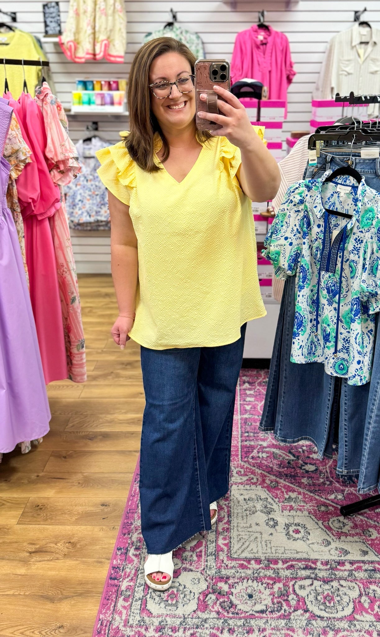 Yellow V - Neck Textured Top with Flutter Ruffle Sleeves - A'Bekah's Boutique