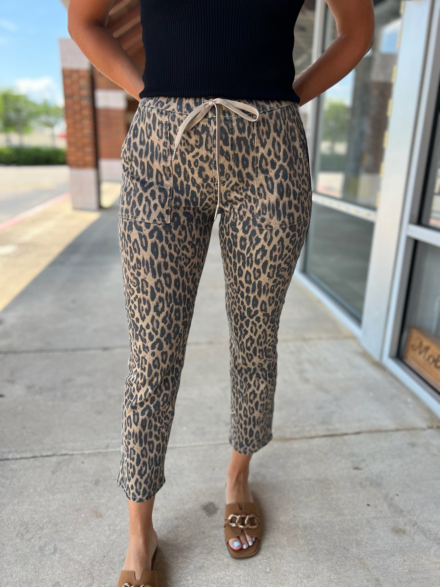 YMI Cheetah Print High Rise Pull On Joggers with Drawstring - A'Bekah's Boutique