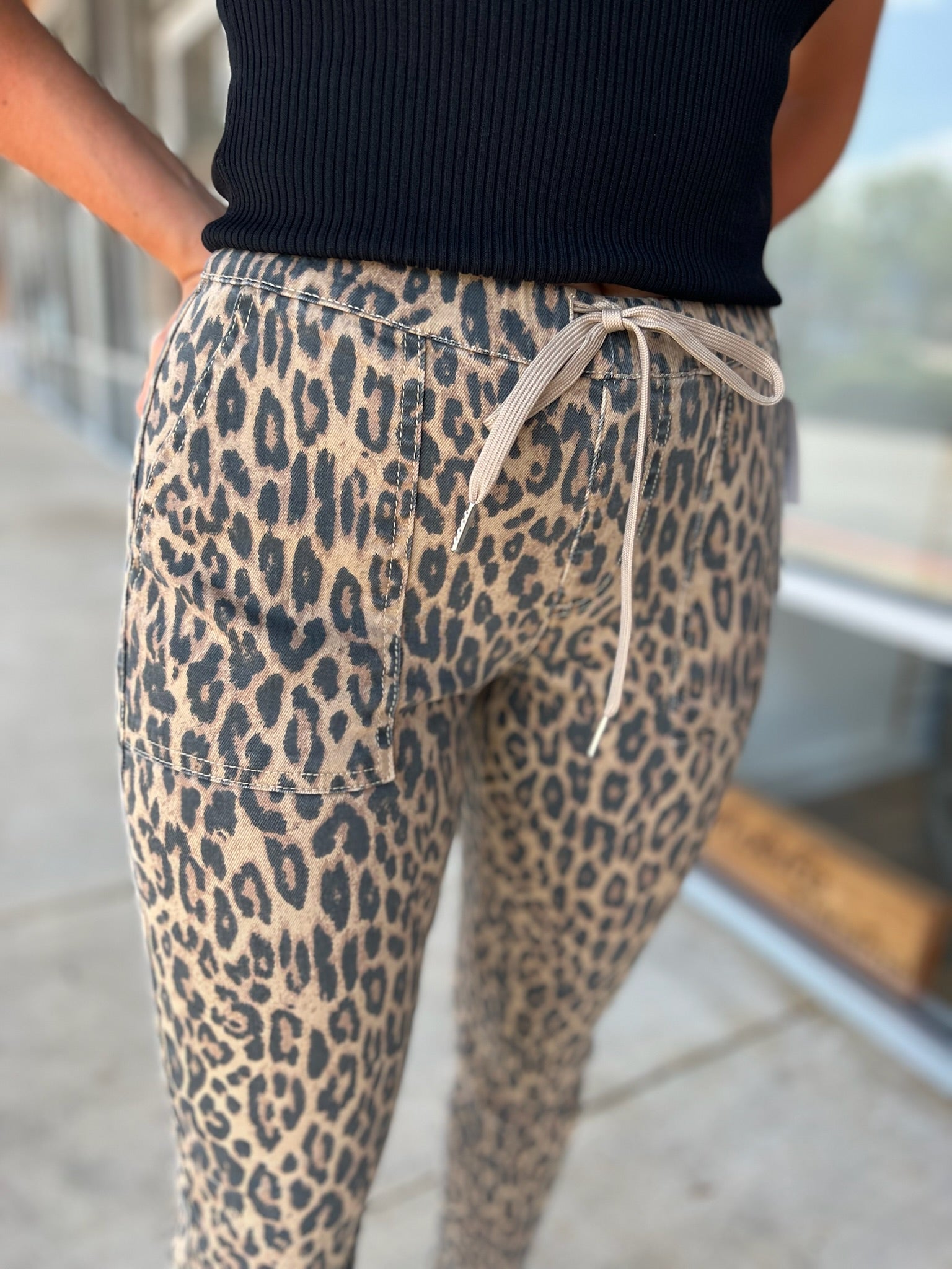YMI Cheetah Print High Rise Pull On Joggers with Drawstring - A'Bekah's Boutique