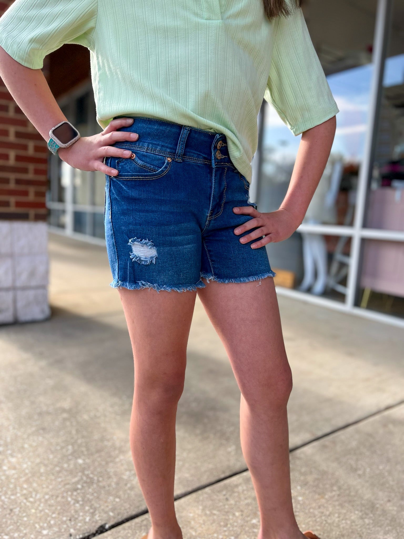 YMI Girls Medium Wash Two Button Fray Hem Shorts - A'Bekah's Boutique