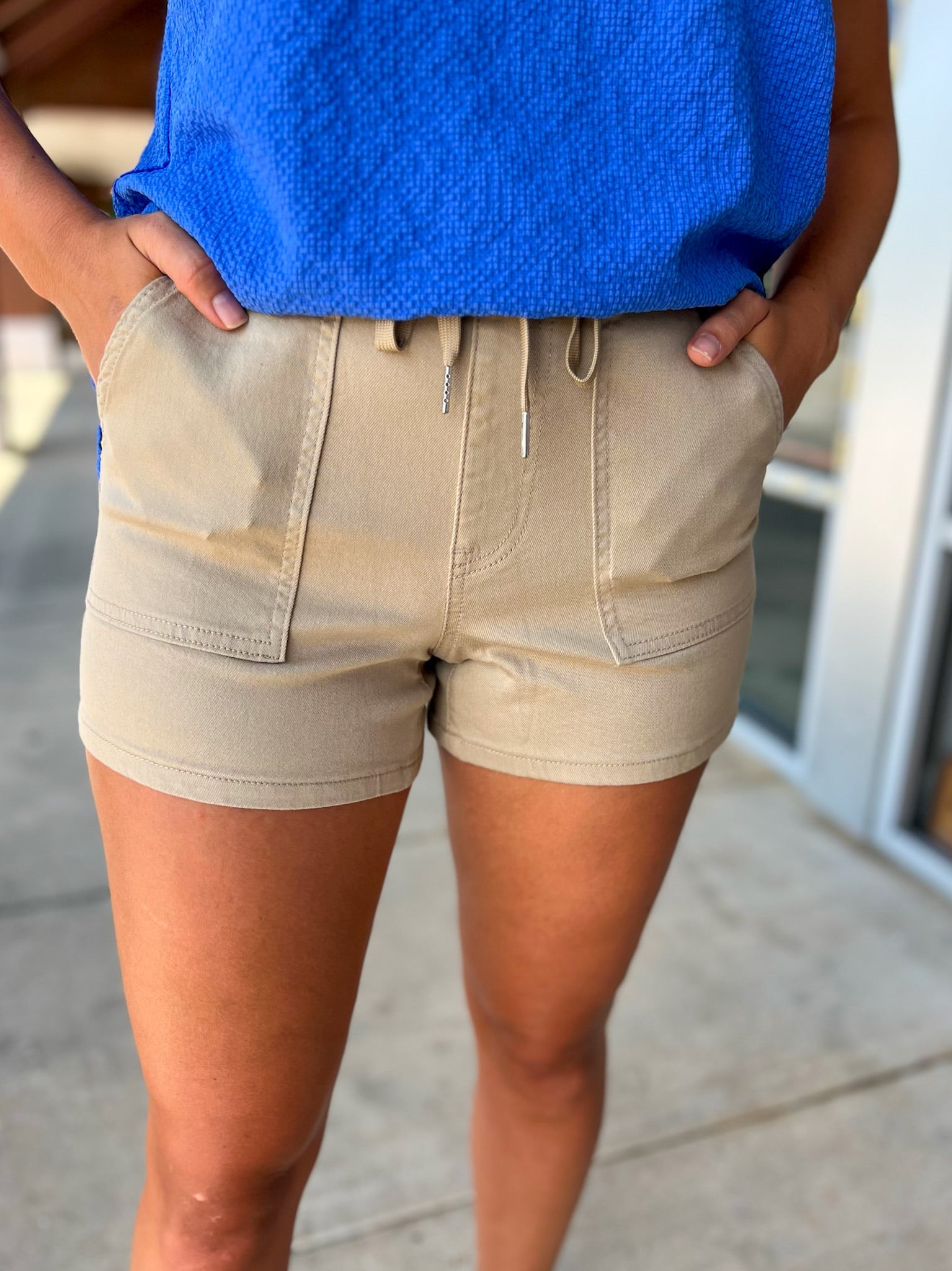 YMI Khaki Pull On Jogger Shorts with Drawstring - A'Bekah's Boutique
