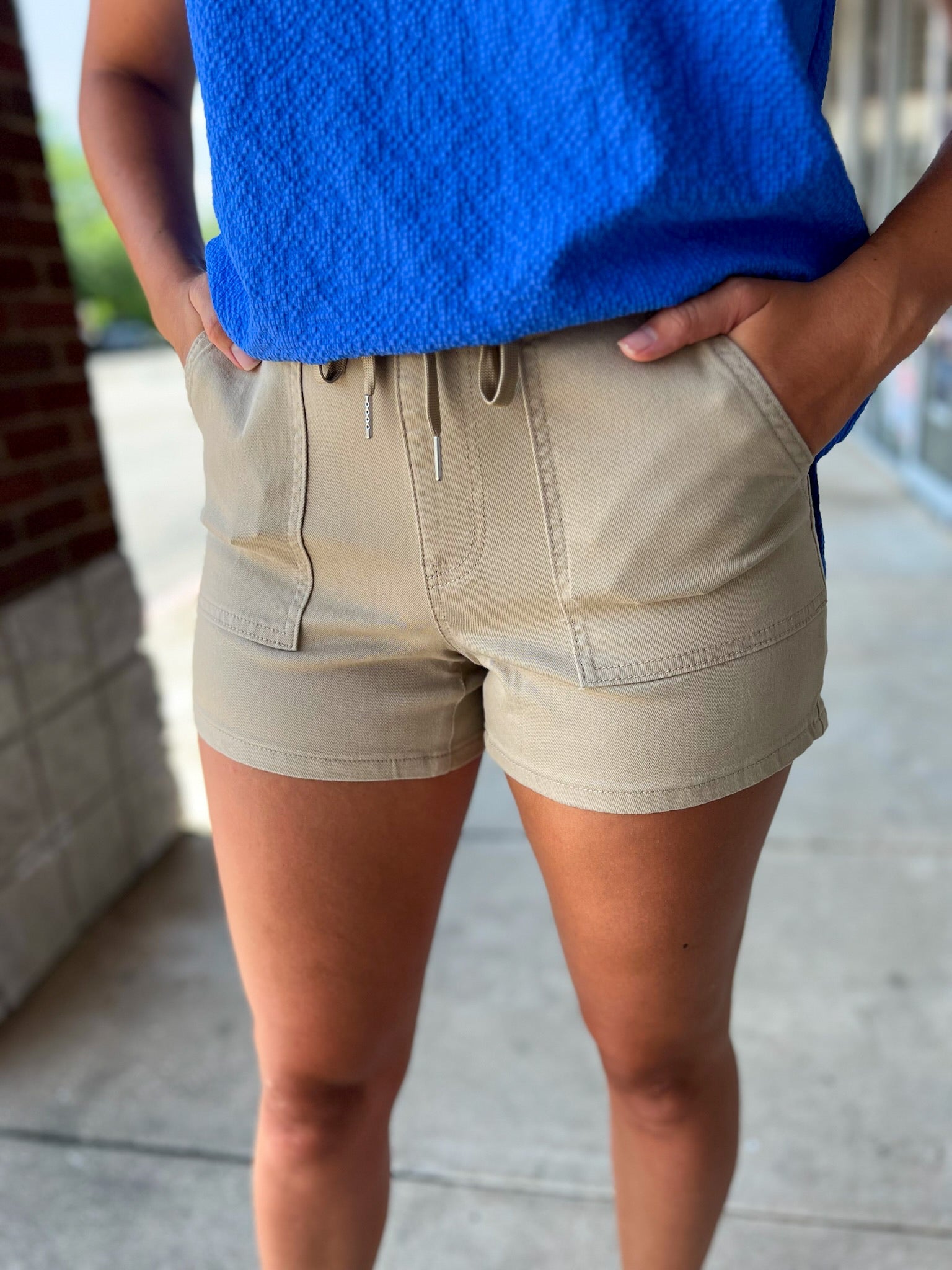 YMI Khaki Pull On Jogger Shorts with Drawstring - A'Bekah's Boutique