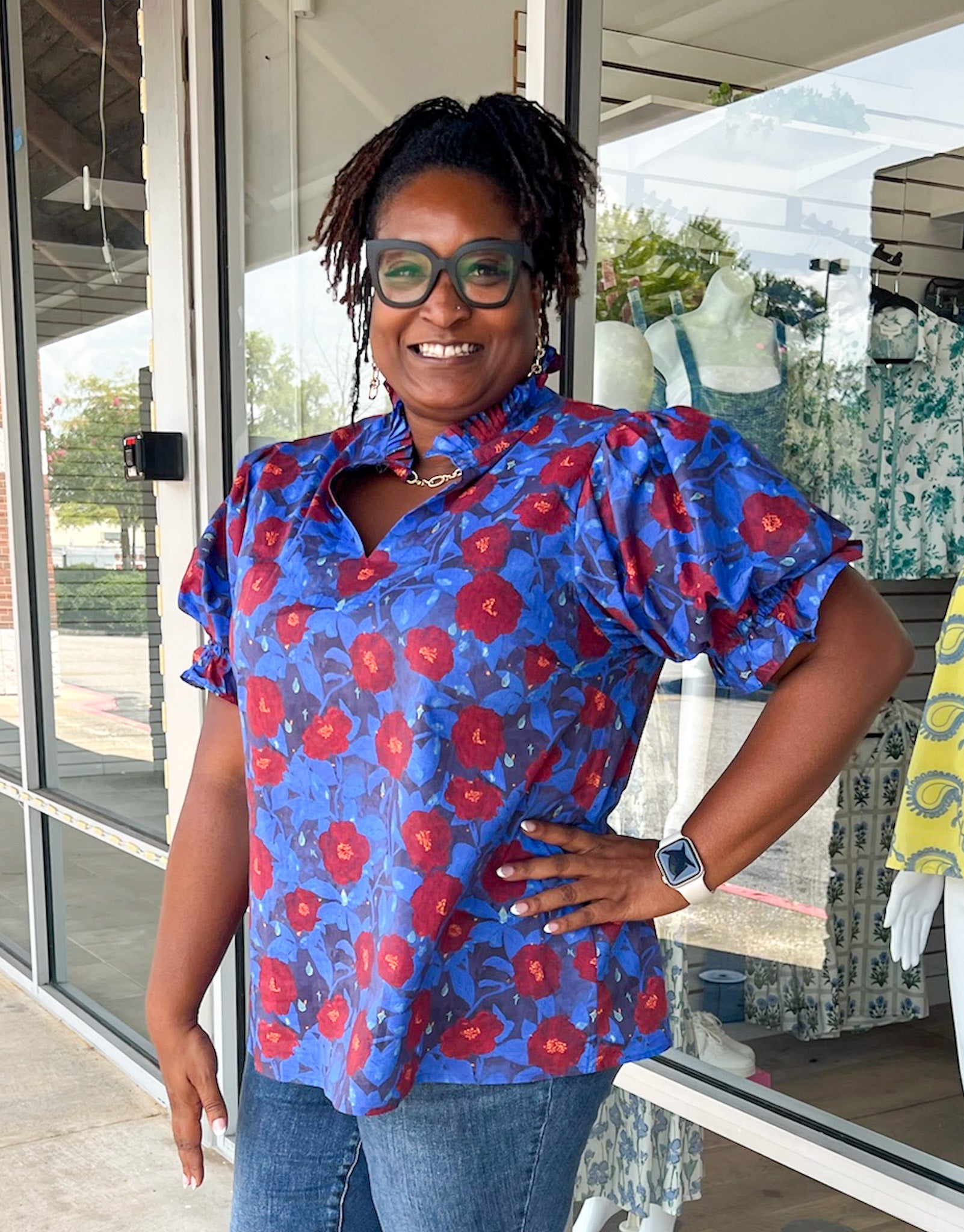 Your Time Midnight Blue Floral V - Neck Top (C) - A'Bekah's Boutique