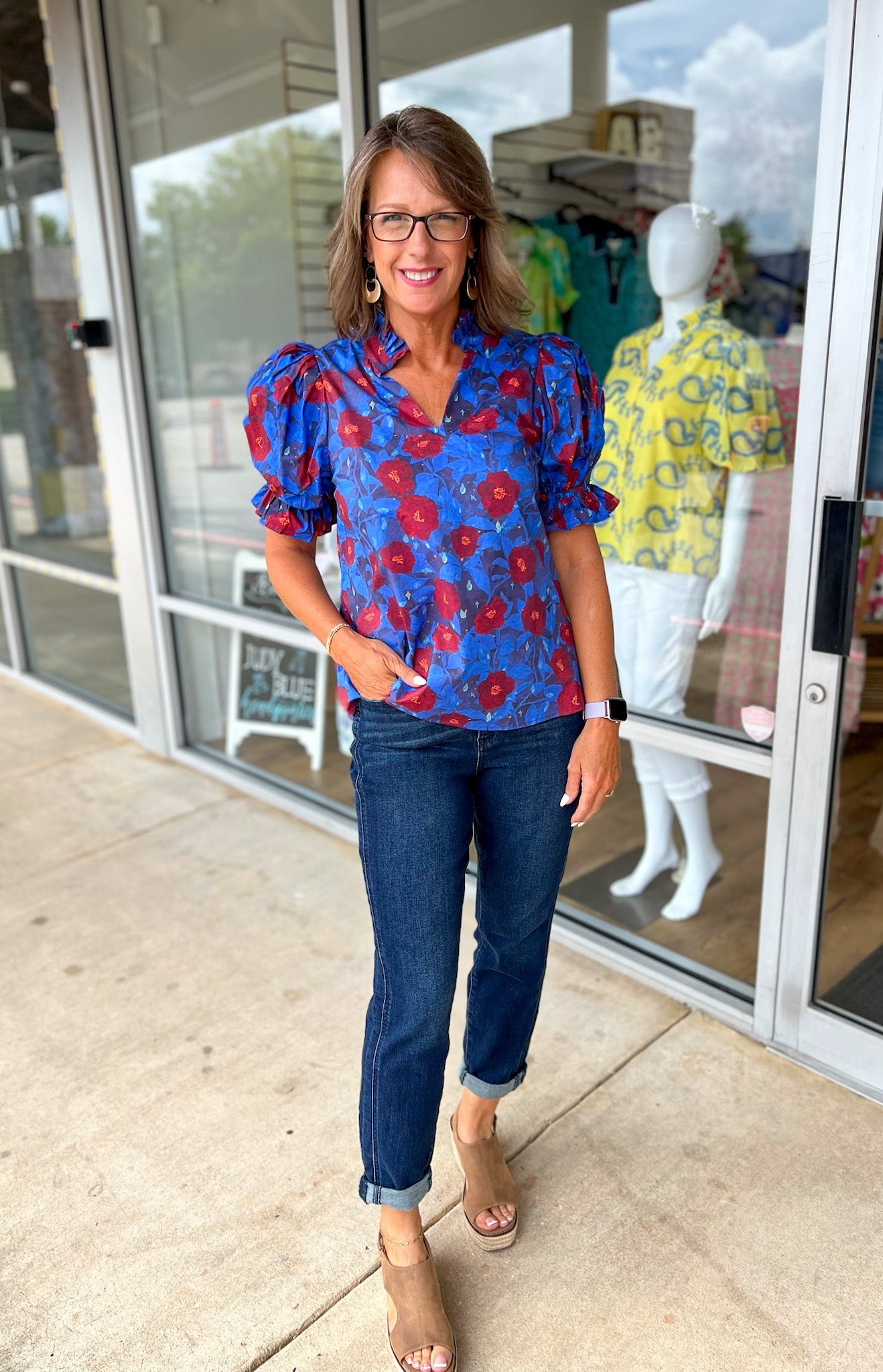 Your Time Midnight Blue Floral V - Neck Top (R) - A'Bekah's Boutique