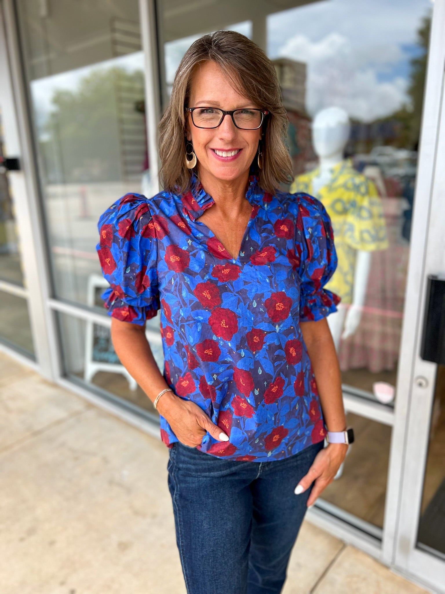 Your Time Midnight Blue Floral V - Neck Top (R) - A'Bekah's Boutique