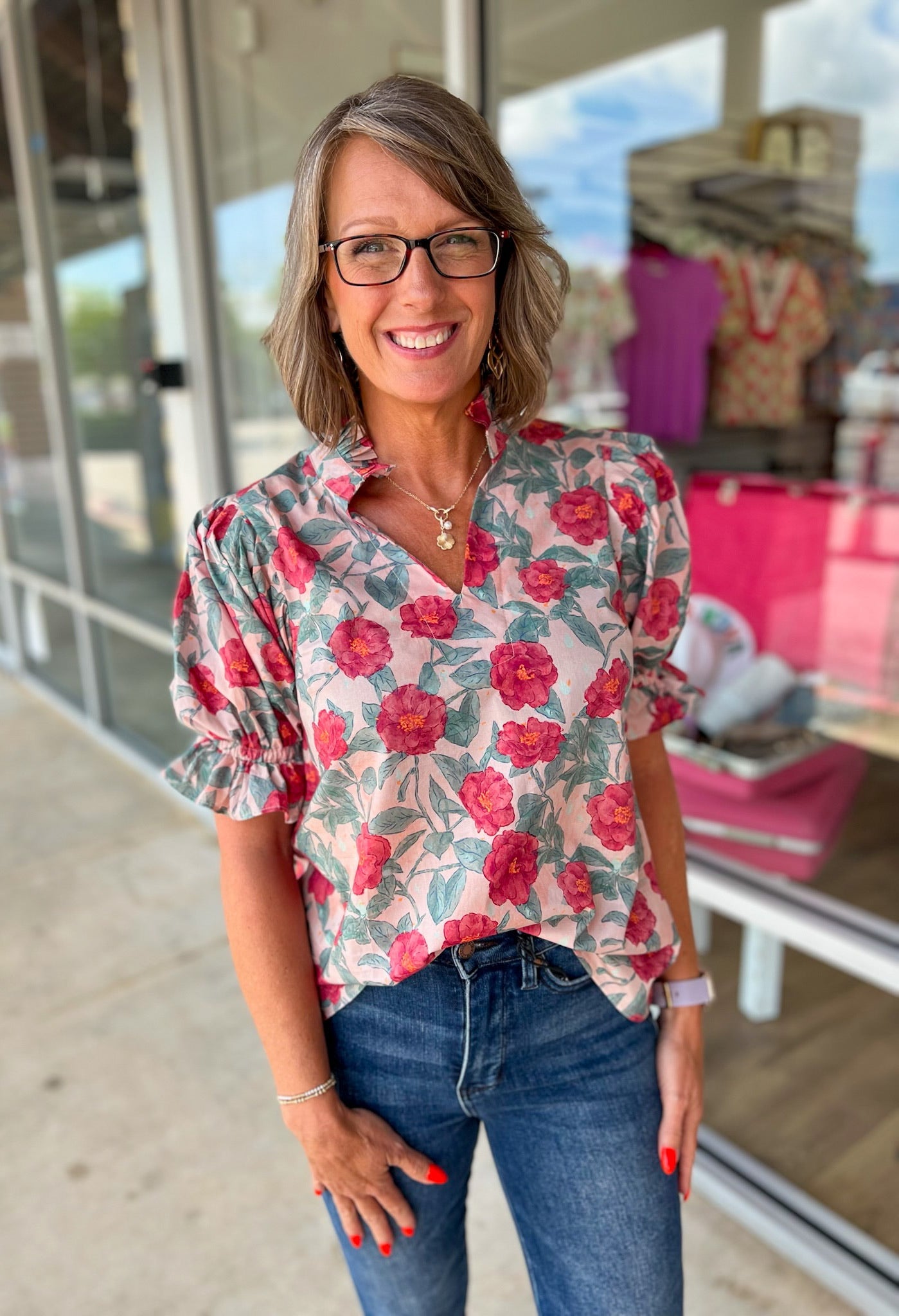 Your Time Vintage Rose Floral V - Neck Top (R) - A'Bekah's Boutique