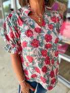 Your Time Vintage Rose Floral V - Neck Top (R) - A'Bekah's Boutique
