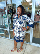 Your Way Navy and Cream Dress with 3/4 Length Sleeves (C) - A'Bekah's Boutique