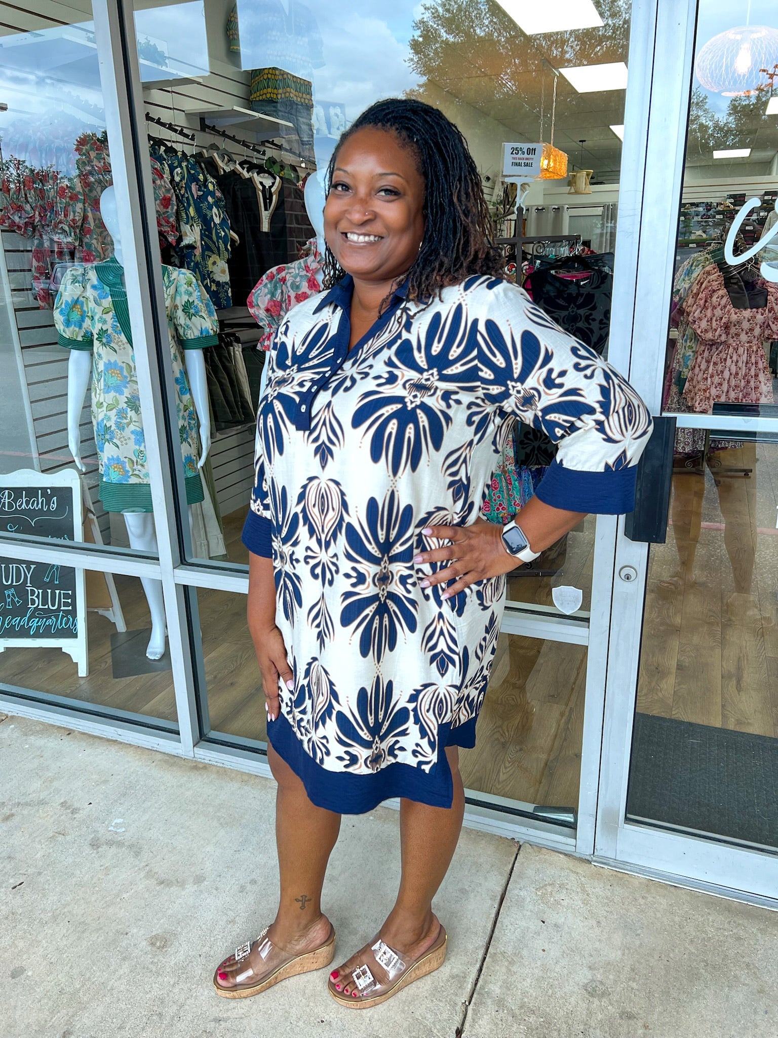 Your Way Navy and Cream Dress with 3/4 Length Sleeves (C) - A'Bekah's Boutique