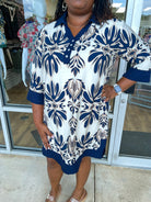 Your Way Navy and Cream Dress with 3/4 Length Sleeves (C) - A'Bekah's Boutique