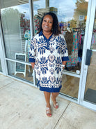 Your Way Navy and Cream Dress with 3/4 Length Sleeves (C) - A'Bekah's Boutique