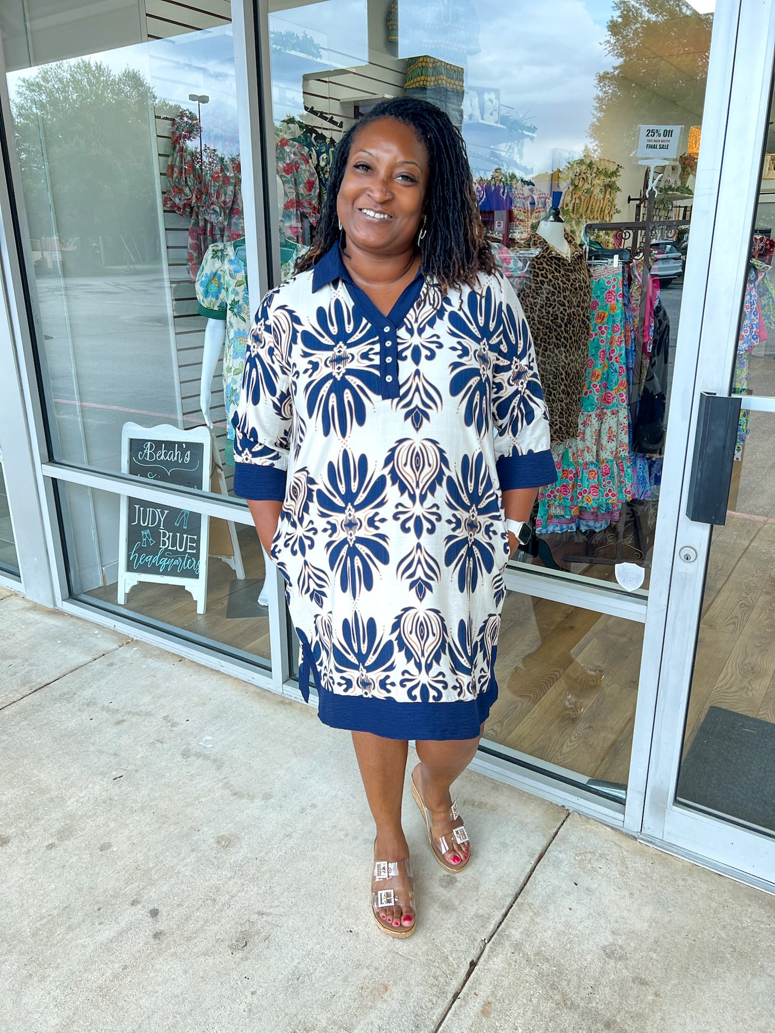 Your Way Navy and Cream Dress with 3/4 Length Sleeves (C) - A'Bekah's Boutique