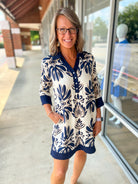 Your Way Navy and Cream Print 3/4 Length Sleeve Dress (R) - A'Bekah's Boutique