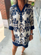 Your Way Navy and Cream Print 3/4 Length Sleeve Dress (R) - A'Bekah's Boutique