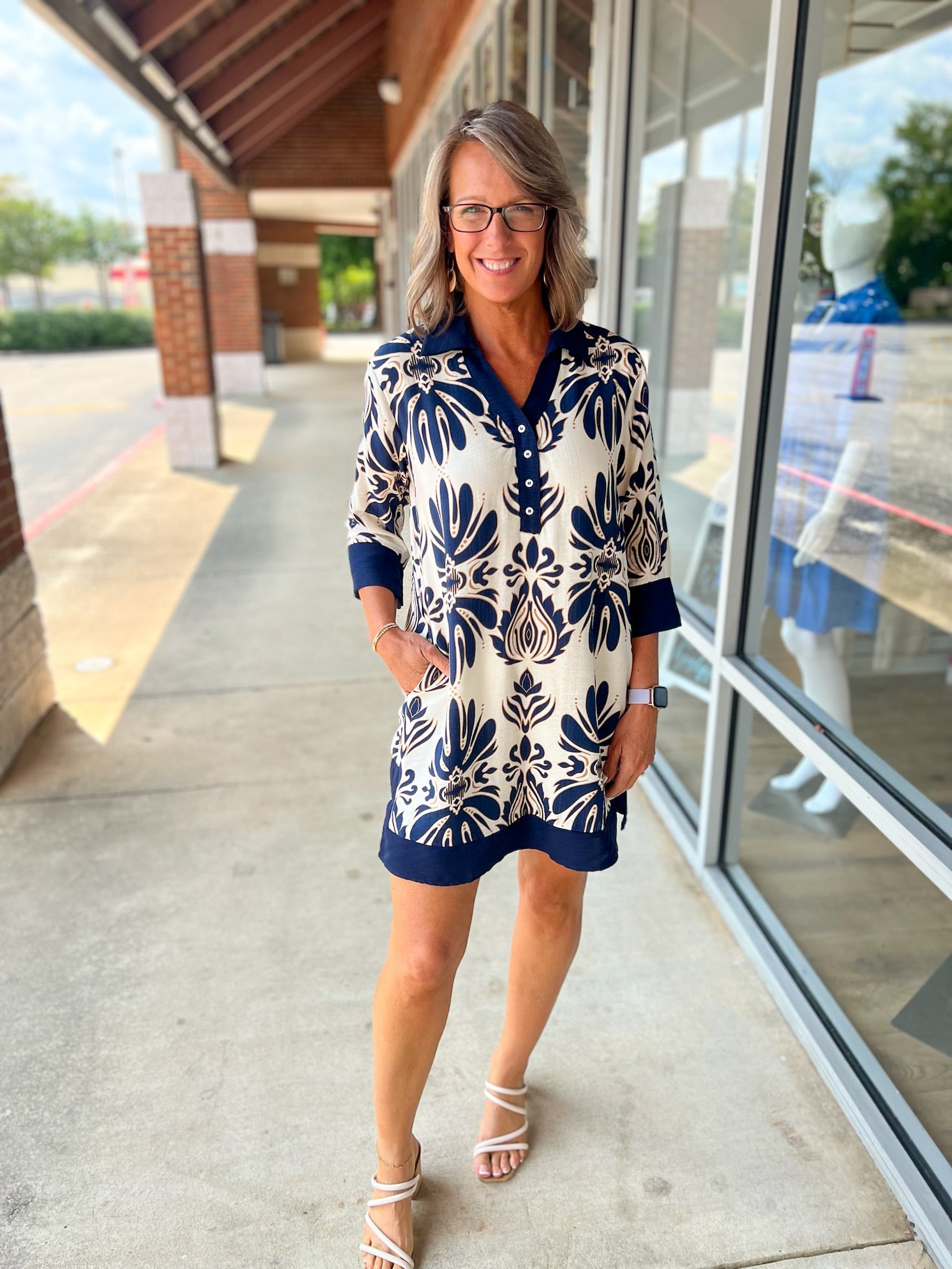 Your Way Navy and Cream Print 3/4 Length Sleeve Dress (R) - A'Bekah's Boutique